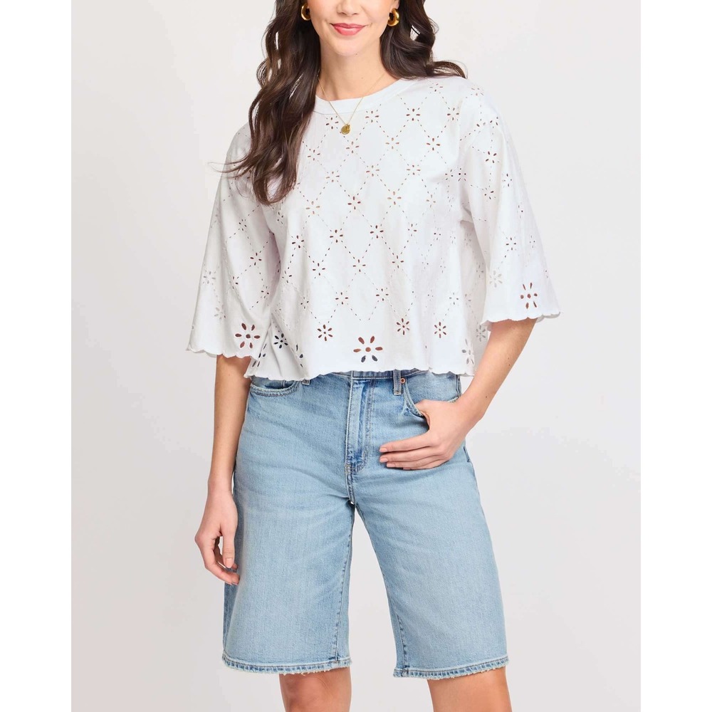 Madewell White Eyelet Scallop Hem Boxy Crop Top XS Angelcore Boho Cottage